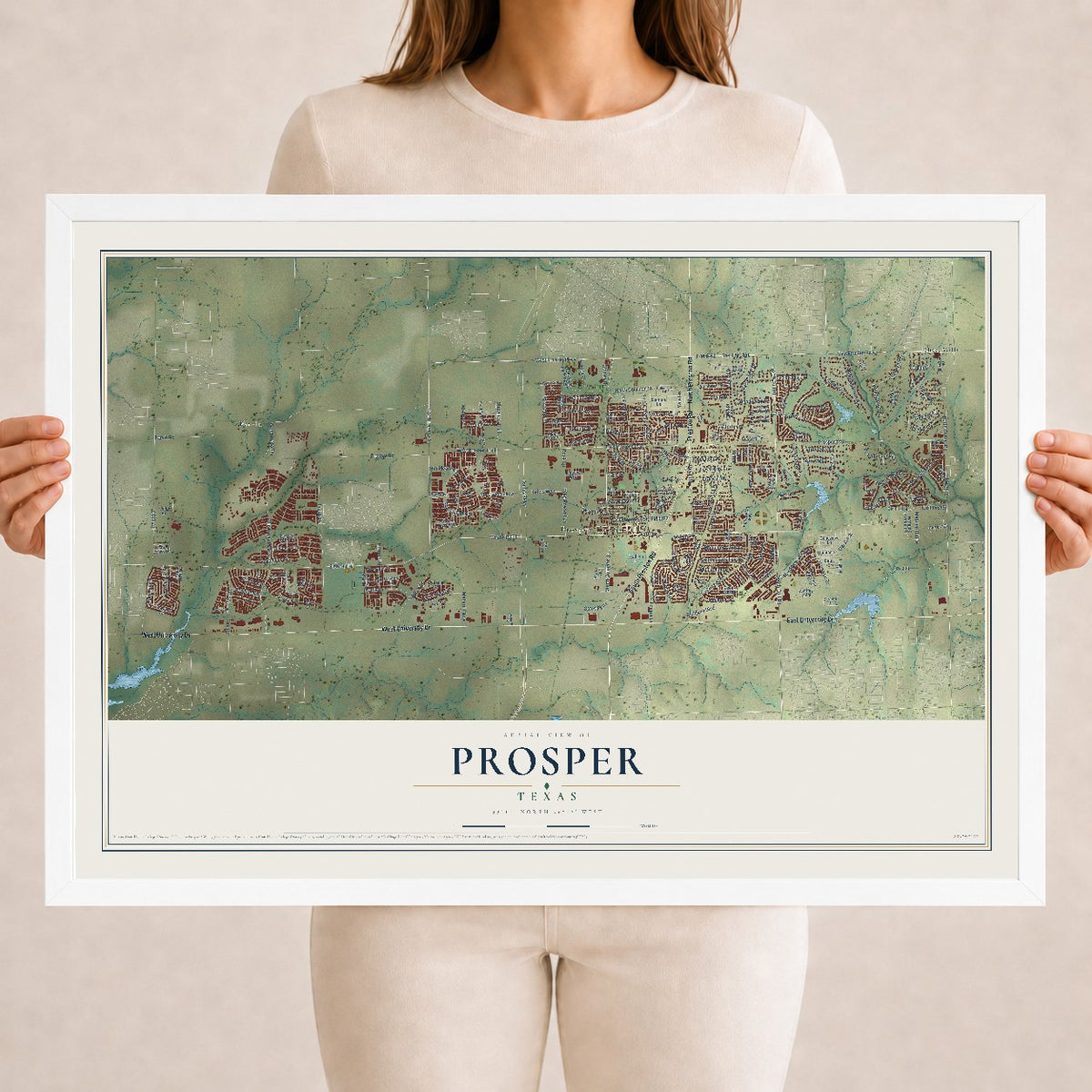 Map of Prosper, Texas, 18 x 24 inch print in a white wood frame