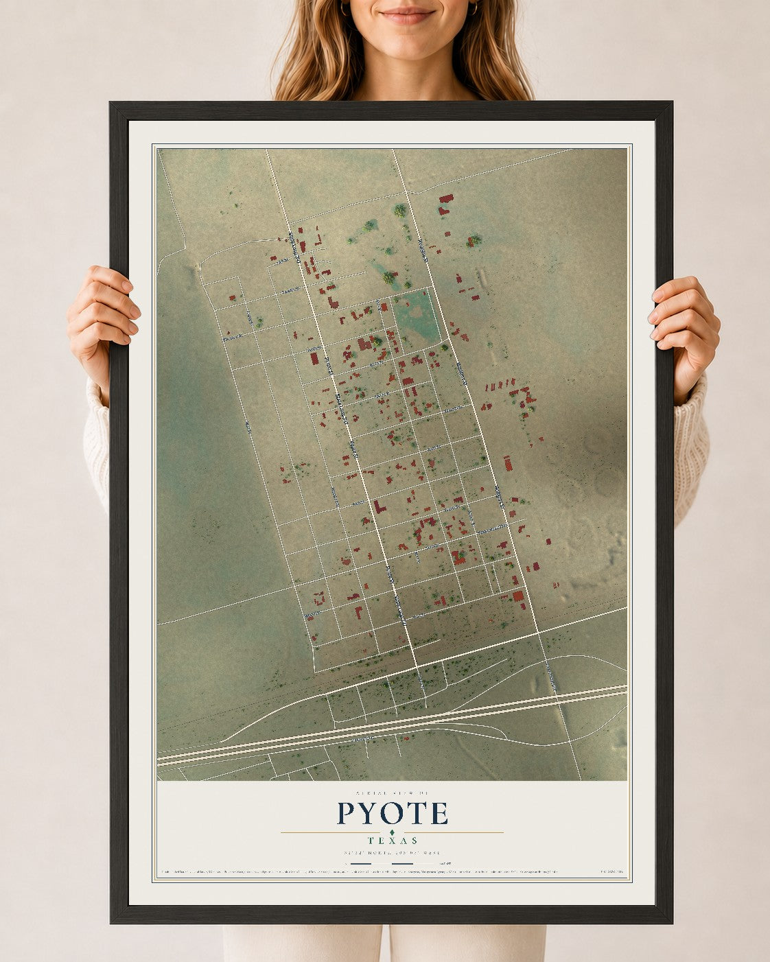 Map of Pyote, Texas, 24 x 36 inch print in a black wood frame