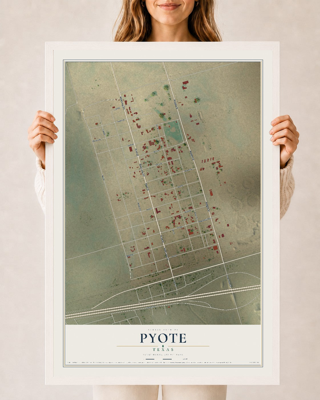 Map of Pyote, Texas, 24 x 36 inch print in a white wood frame