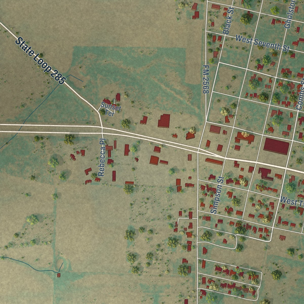 Second close-up of the map of Quanah, Texas print showing more streets and buildings
