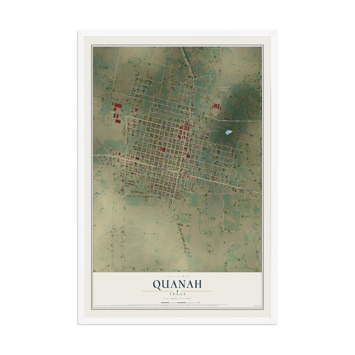 Map of Quanah, Texas, 12 x 18 inch print in a white wood frame