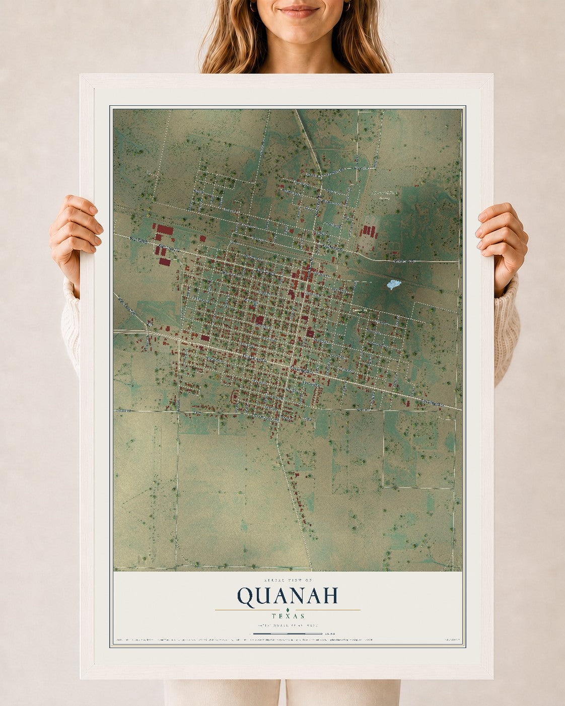Map of Quanah, Texas, 24 x 36 inch print in a white wood frame