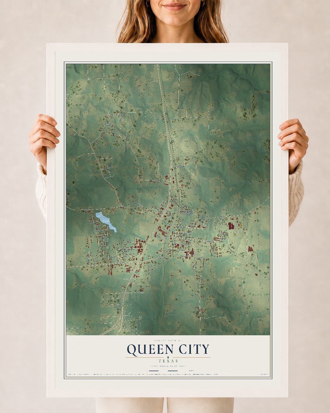 Map of Queen City, Texas, 24 x 36 inch print in a white wood frame