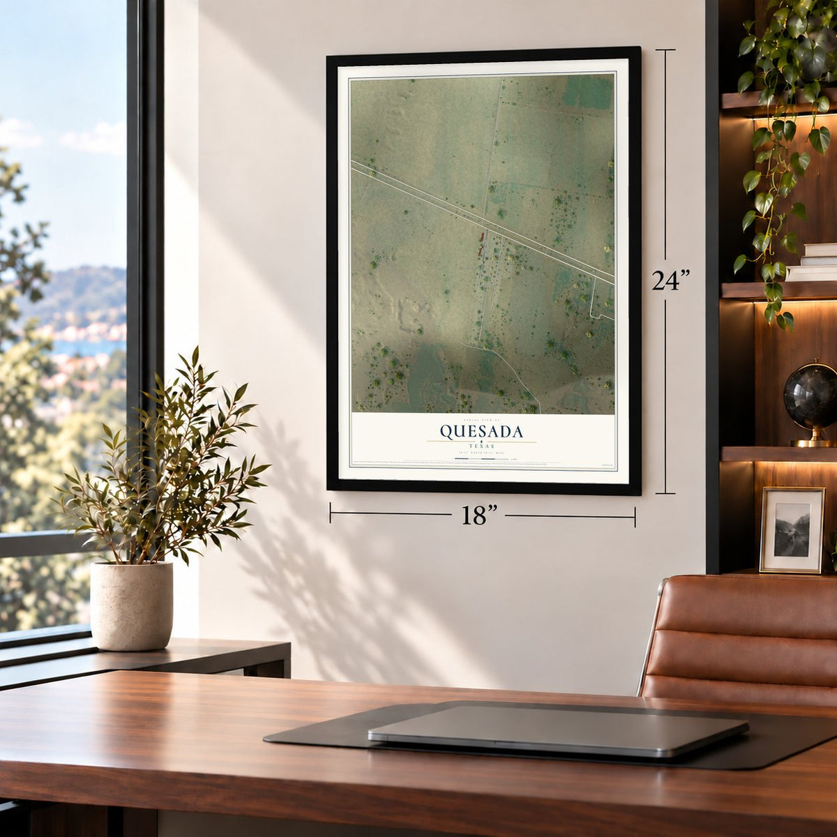 Quesada, Texas map, 18 x 24 inch print in a black frame in a home office