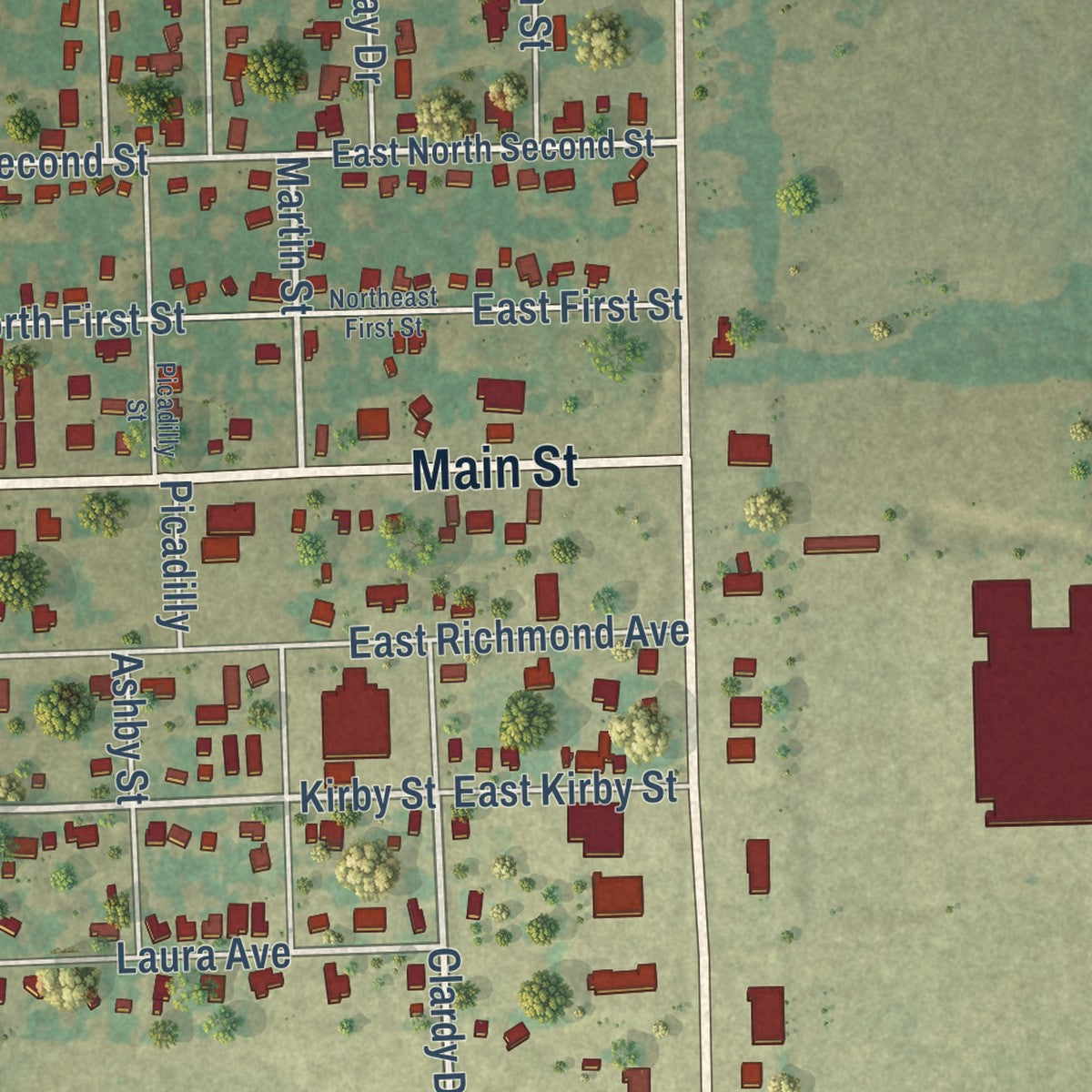 Close-up of the map of Quinlan, Texas print showing street and building detail