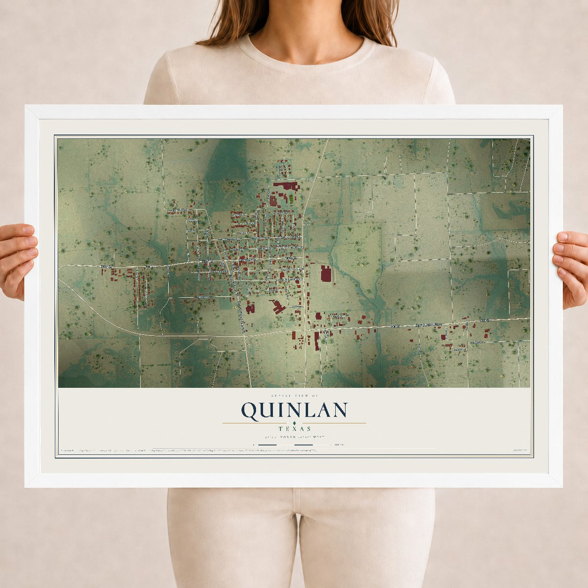 Map of Quinlan, Texas, 18 x 24 inch print in a white wood frame