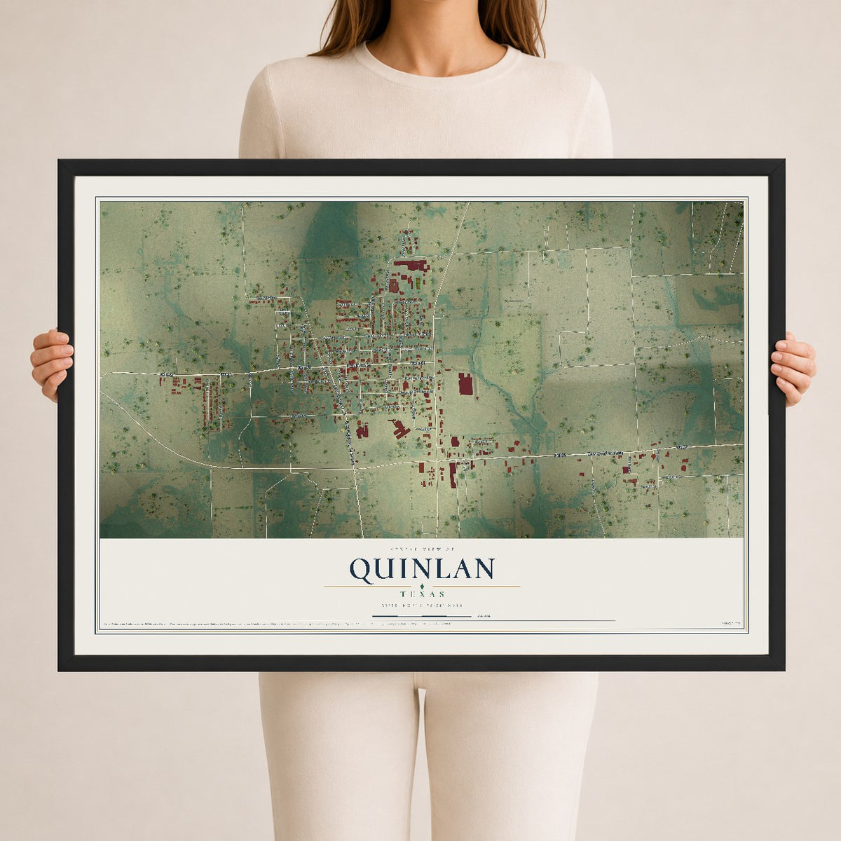 Map of Quinlan, Texas, 24 x 36 inch print in a black wood frame