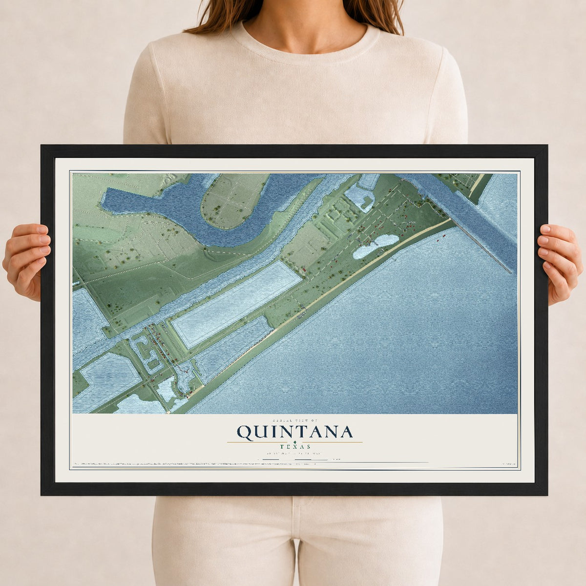 Map of Quintana, Texas, 12 x 18 inch print in a black wood frame