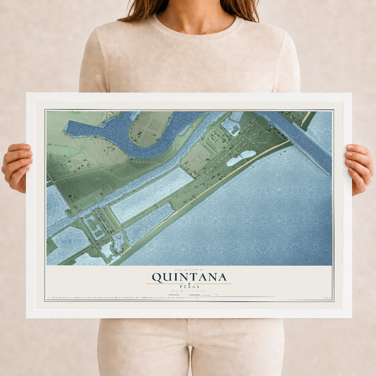 Map of Quintana, Texas, 12 x 18 inch print in a white wood frame