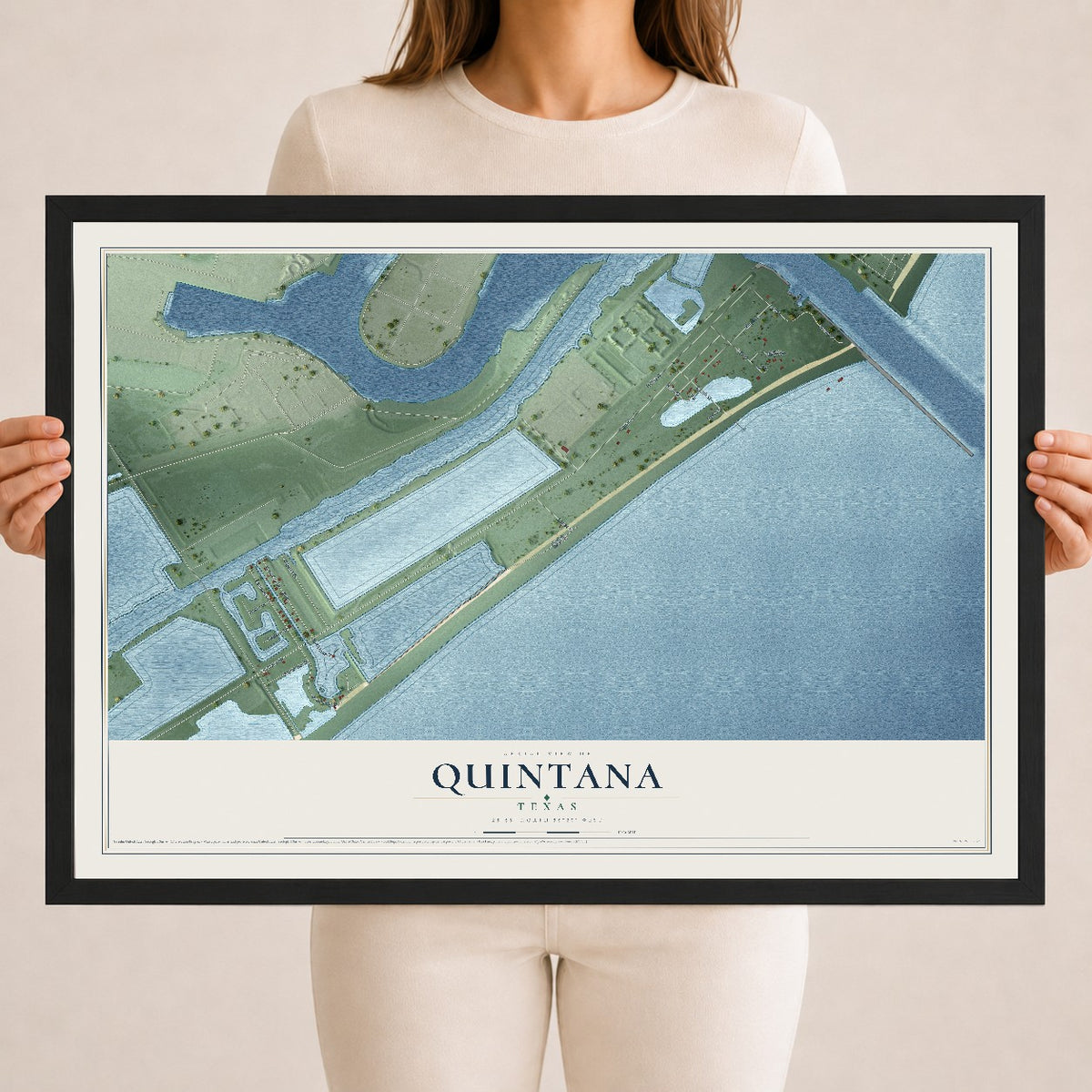 Map of Quintana, Texas, 18 x 24 inch print in a black wood frame