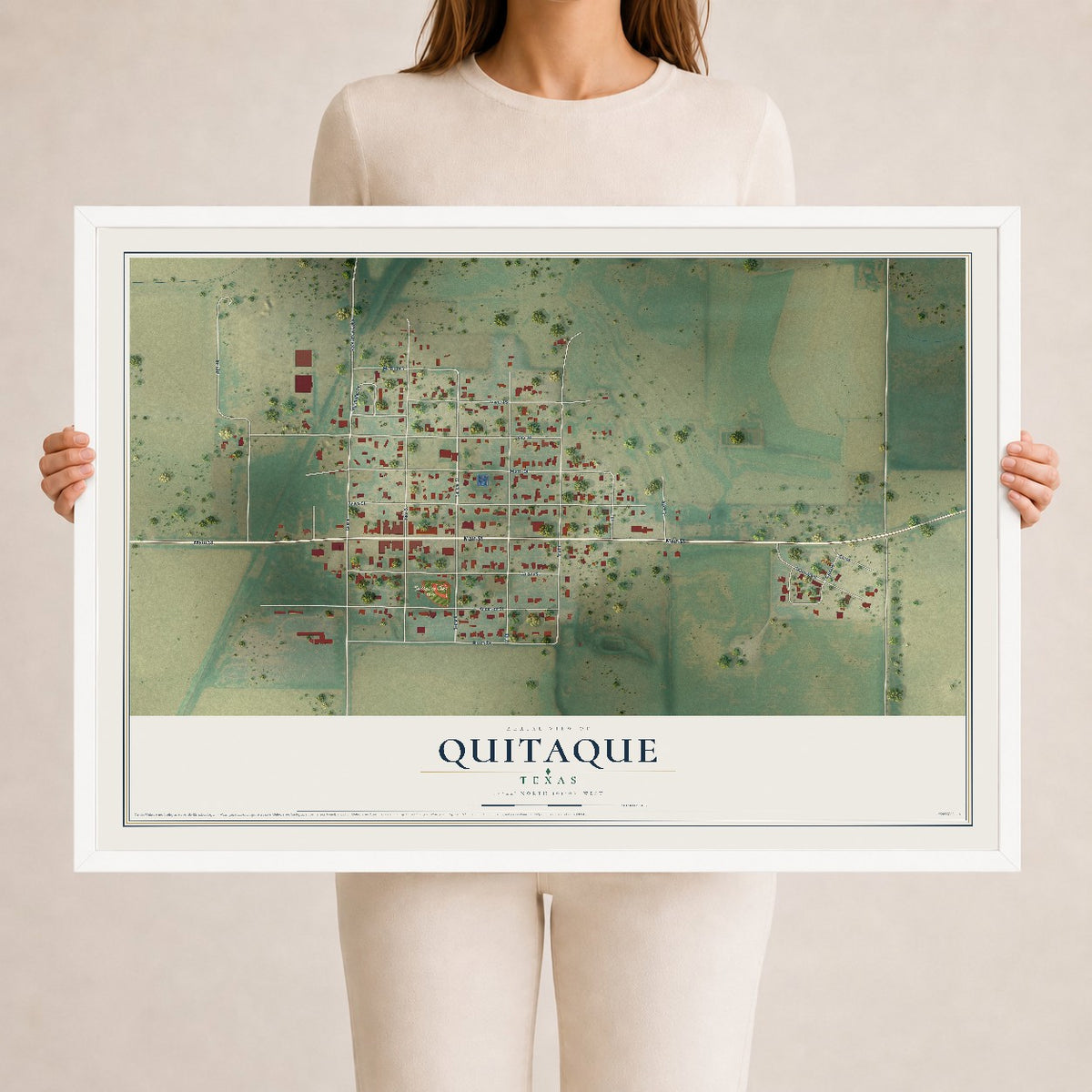 Map of Quitaque, Texas, 24 x 36 inch print in a white wood frame