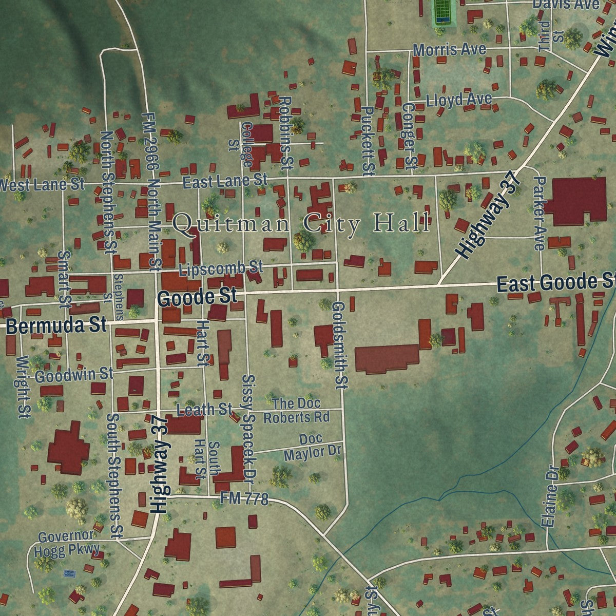 Close-up of the map of Quitman, Texas print showing street and building detail