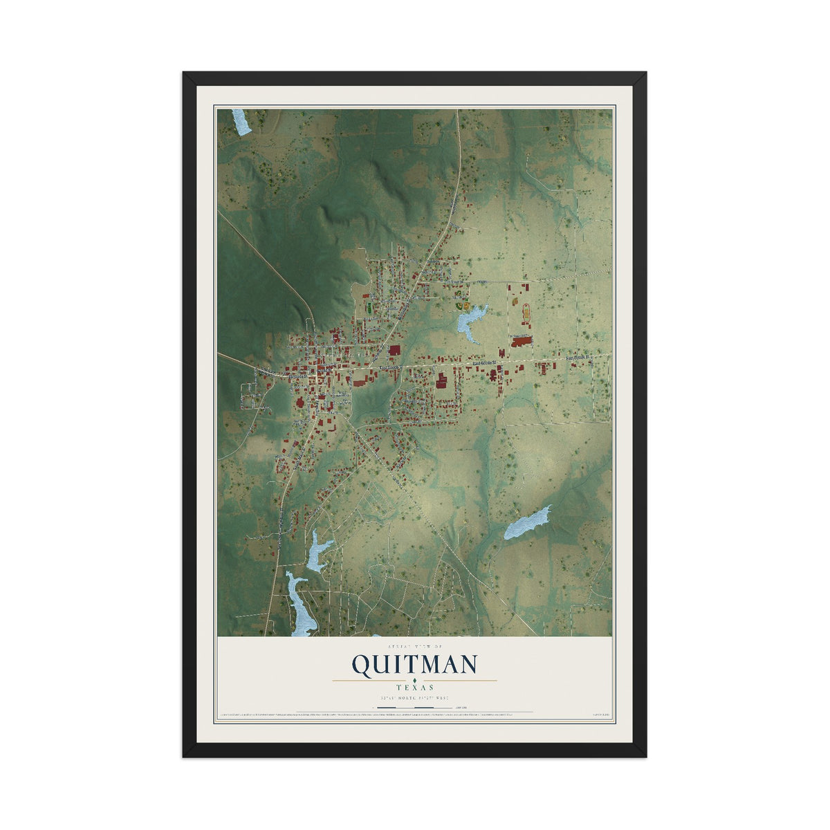 Map of Quitman, Texas, 12 x 18 inch print in a black wood frame