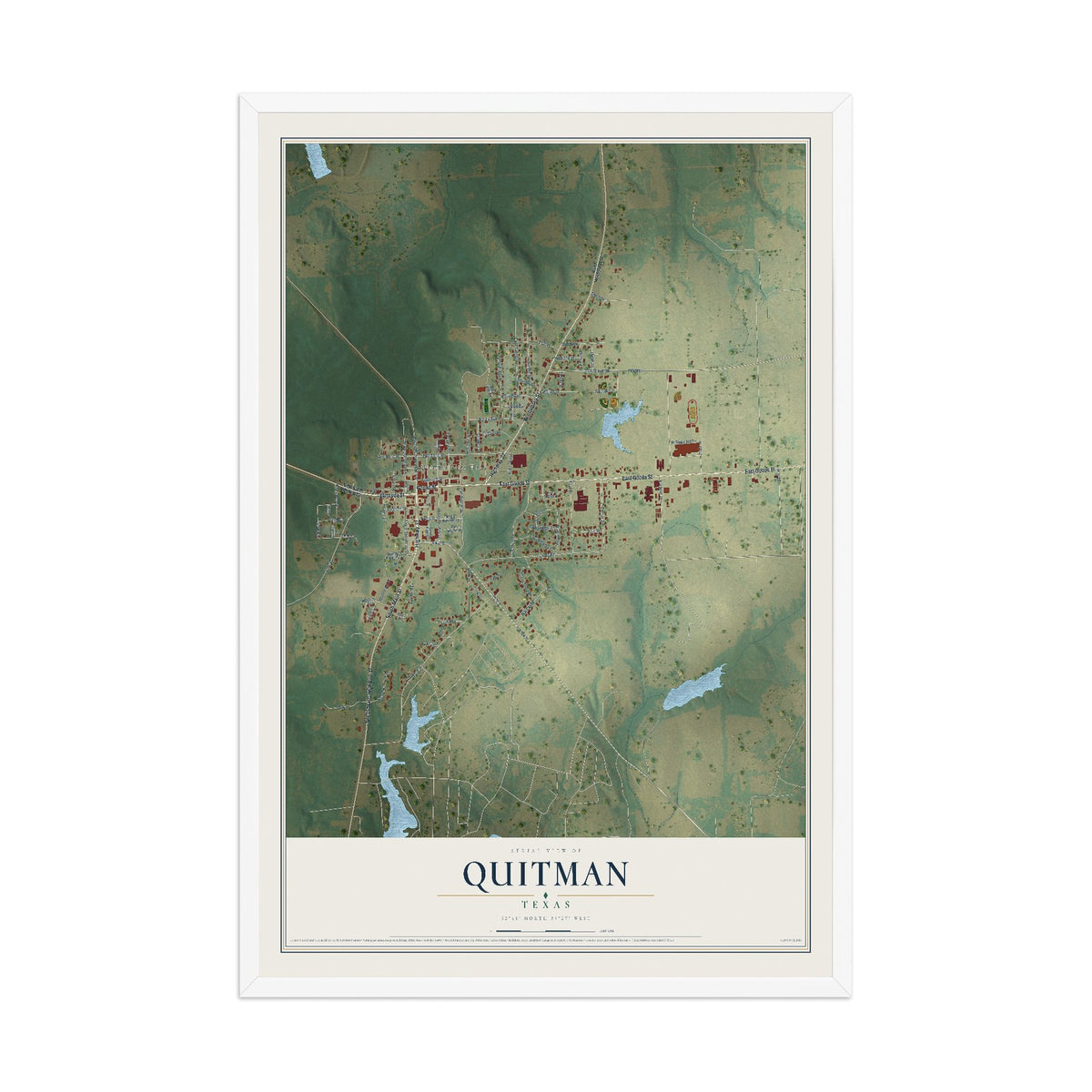Map of Quitman, Texas, 12 x 18 inch print in a white wood frame