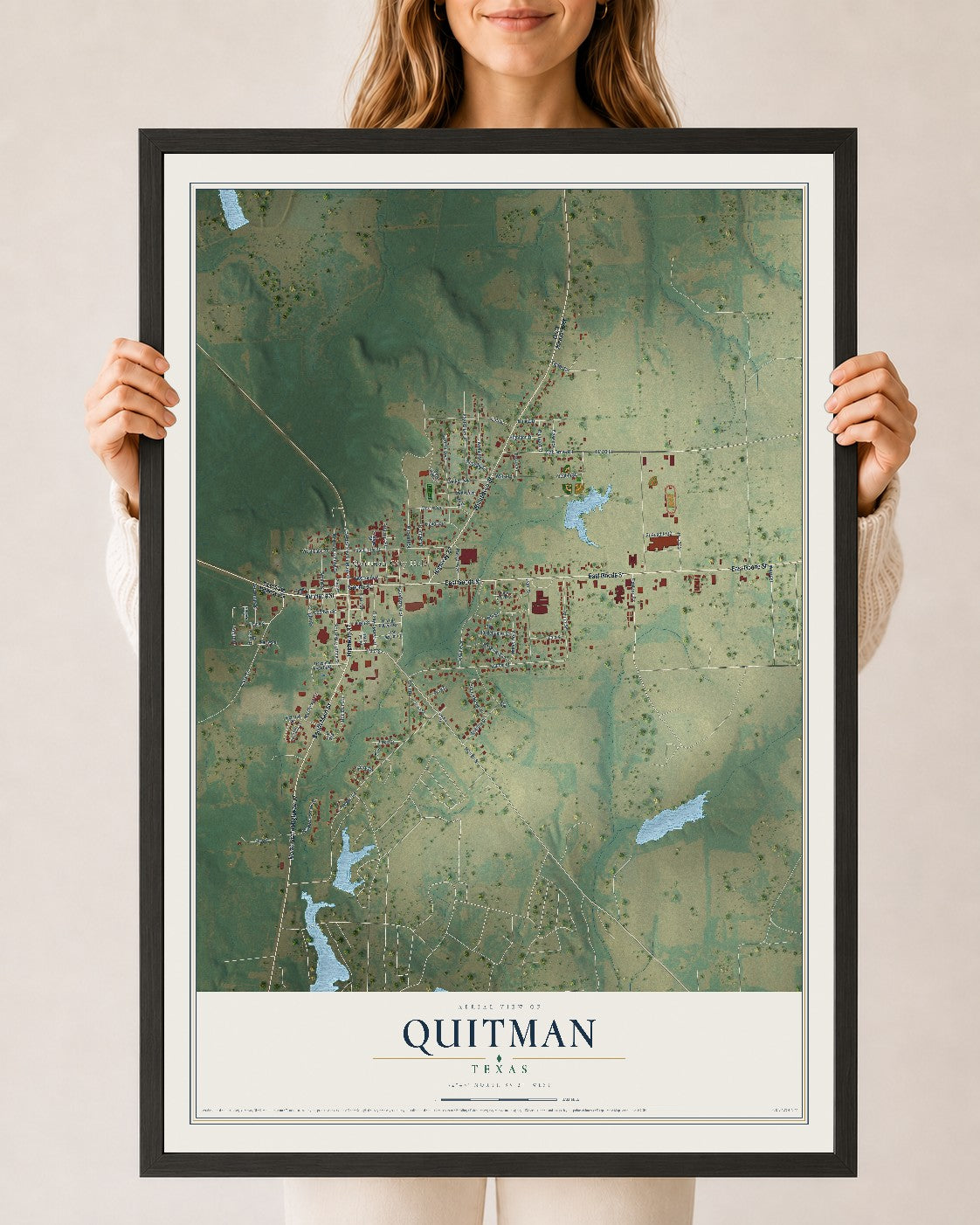 Map of Quitman, Texas, 24 x 36 inch print in a black wood frame