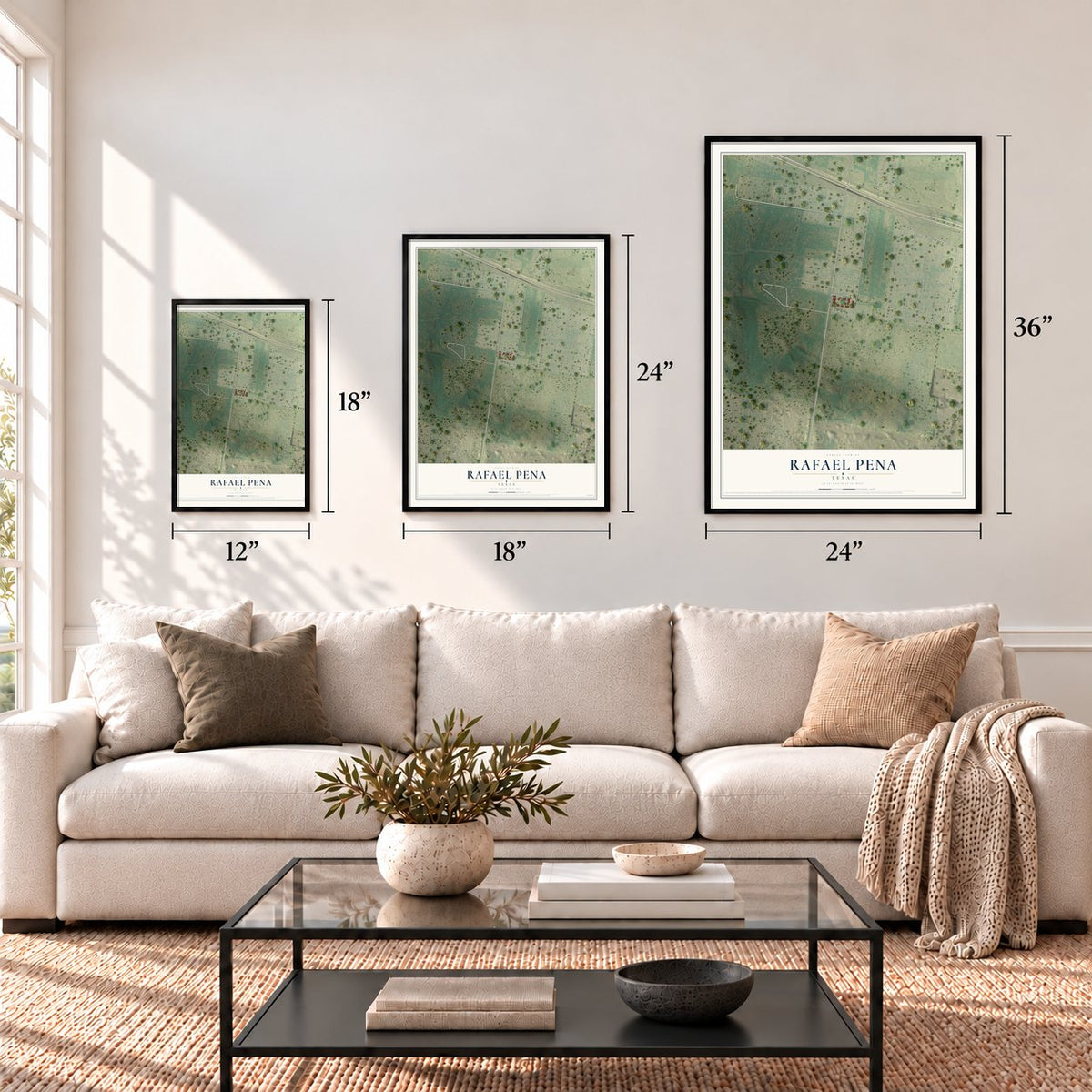 Rafael Pena, Texas map in 12 x 18, 18 x 24 and 24 x 36 inch sizes above a sofa