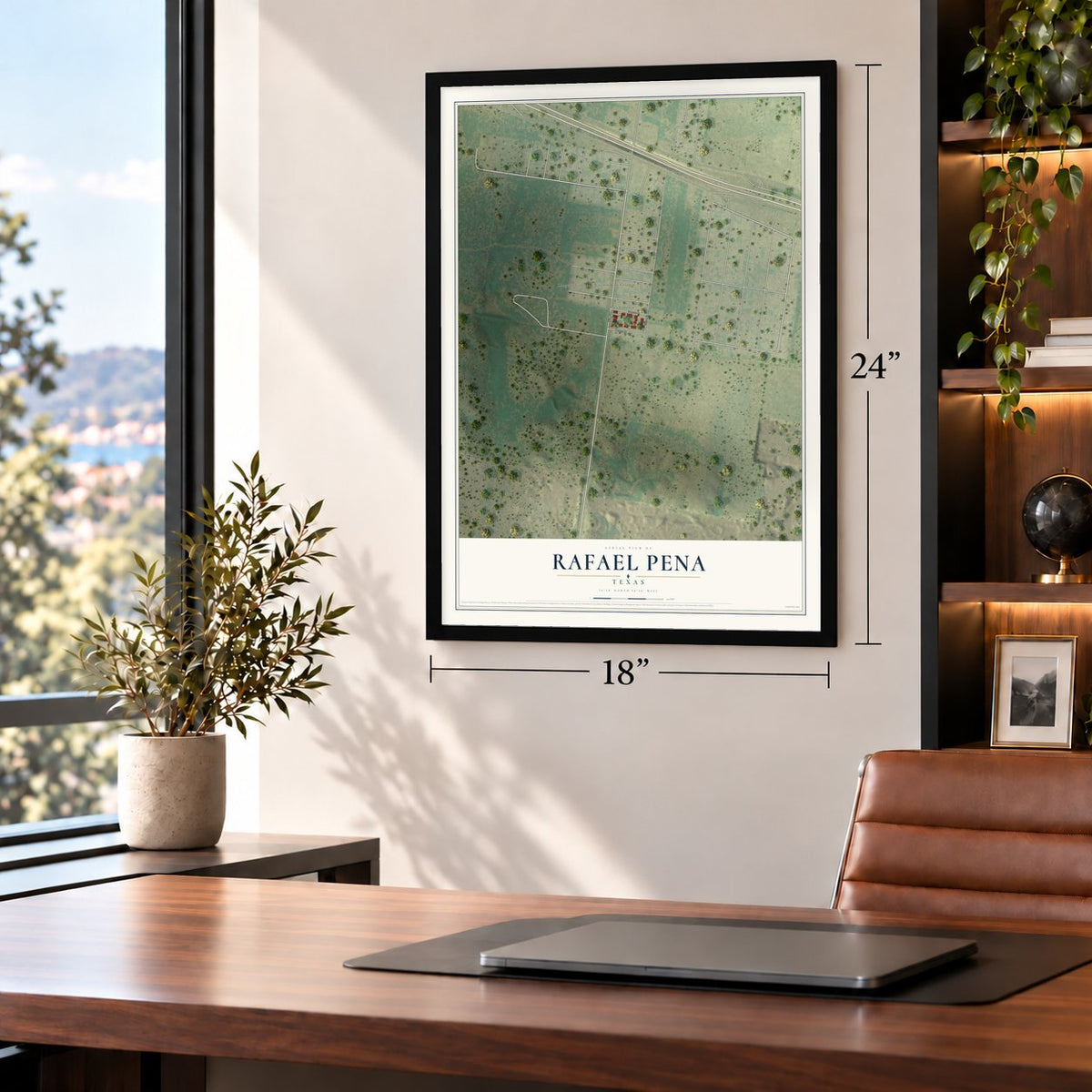 Rafael Pena, Texas map, 18 x 24 inch print in a black frame in a home office
