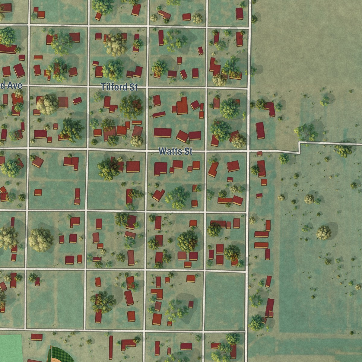 Second close-up of the map of Ralls, Texas print showing more streets and buildings