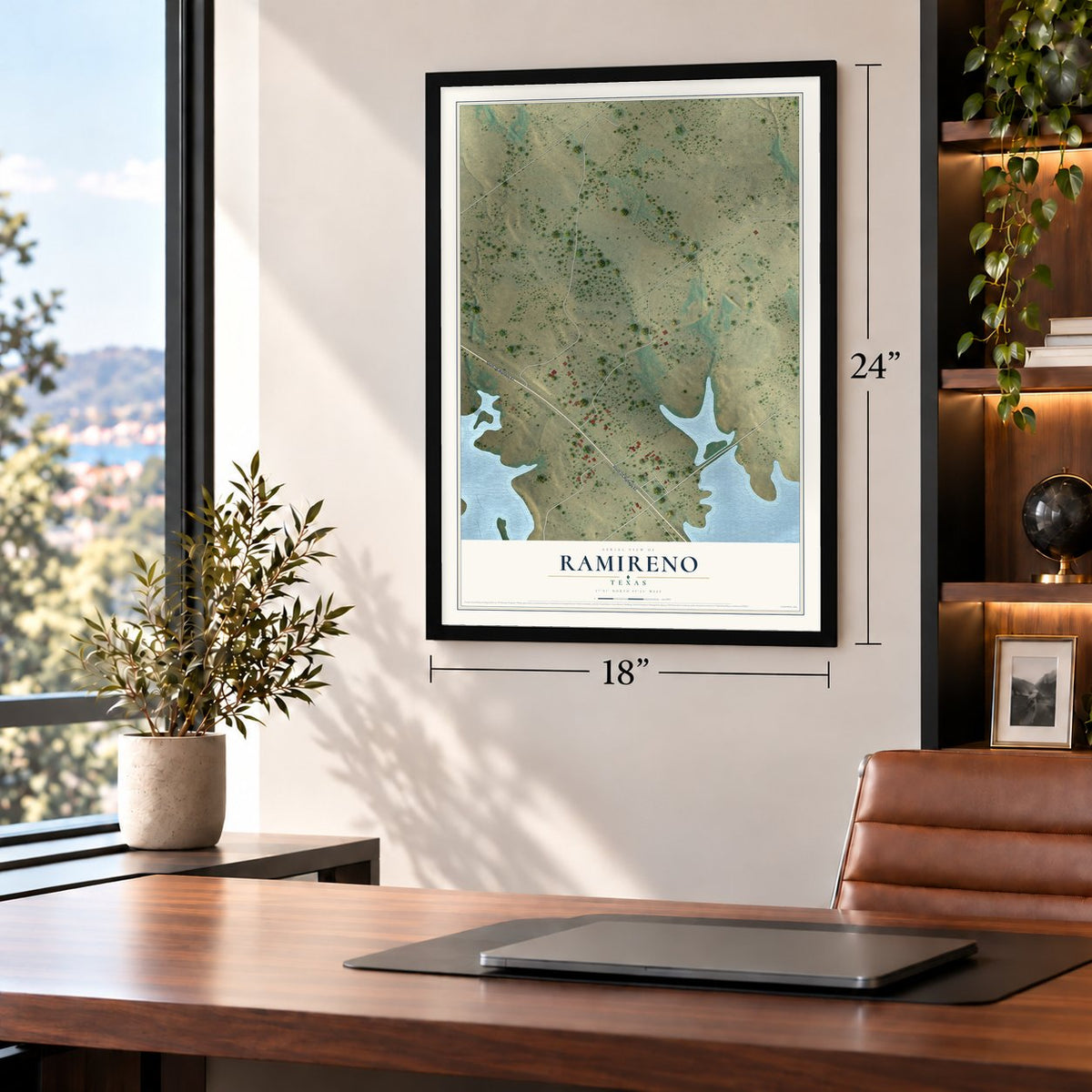 Ramireno, Texas map, 18 x 24 inch print in a black frame in a home office