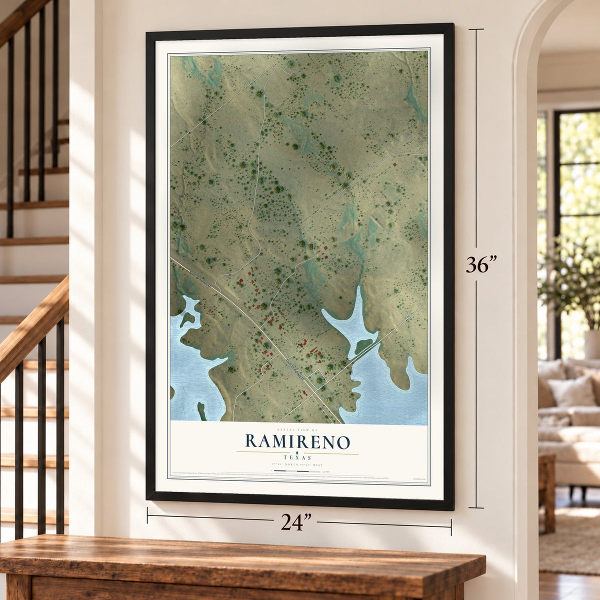 Ramireno, Texas map, 24 x 36 inch print in a black frame by a staircase