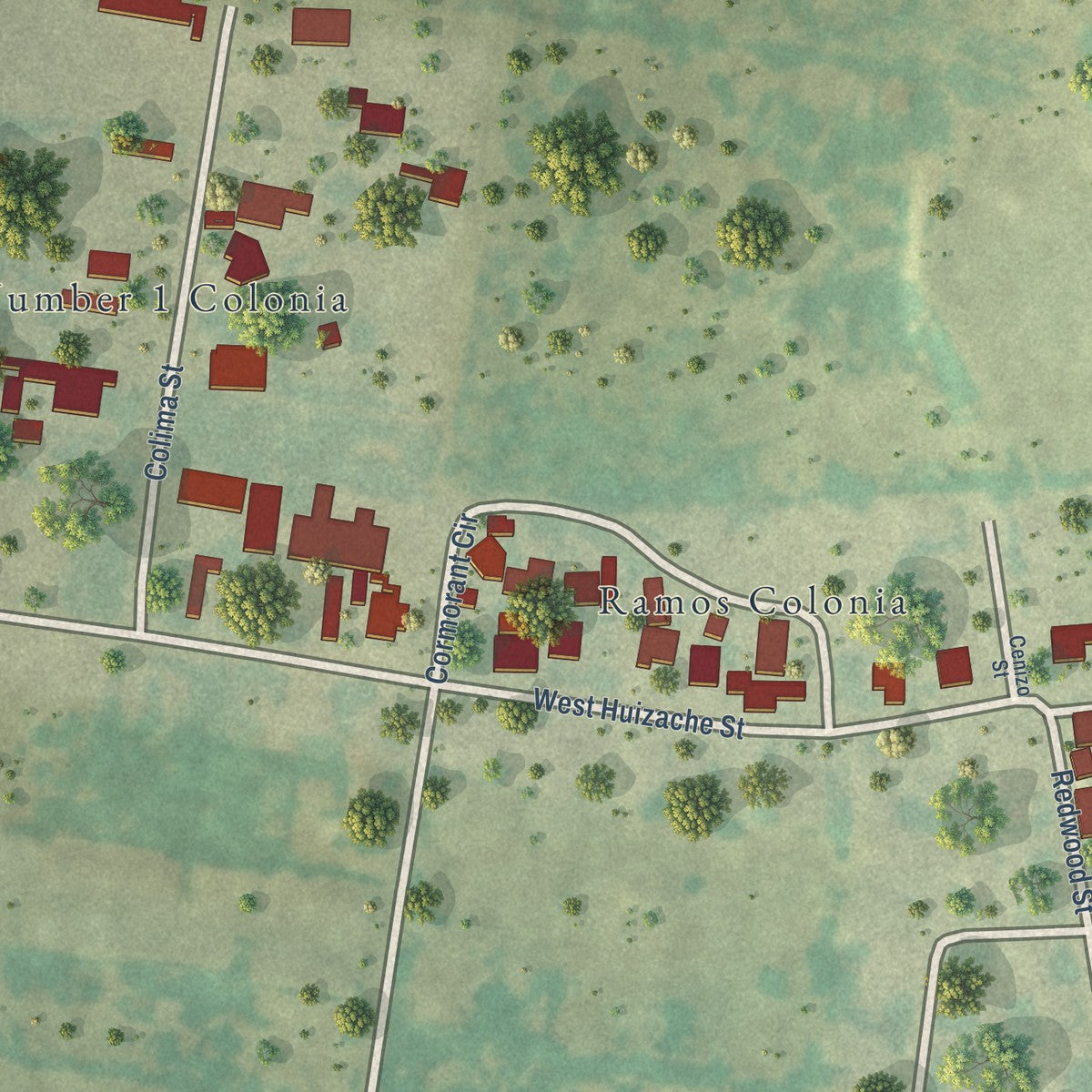 Close-up of the map of Ramos, Texas print showing street and building detail