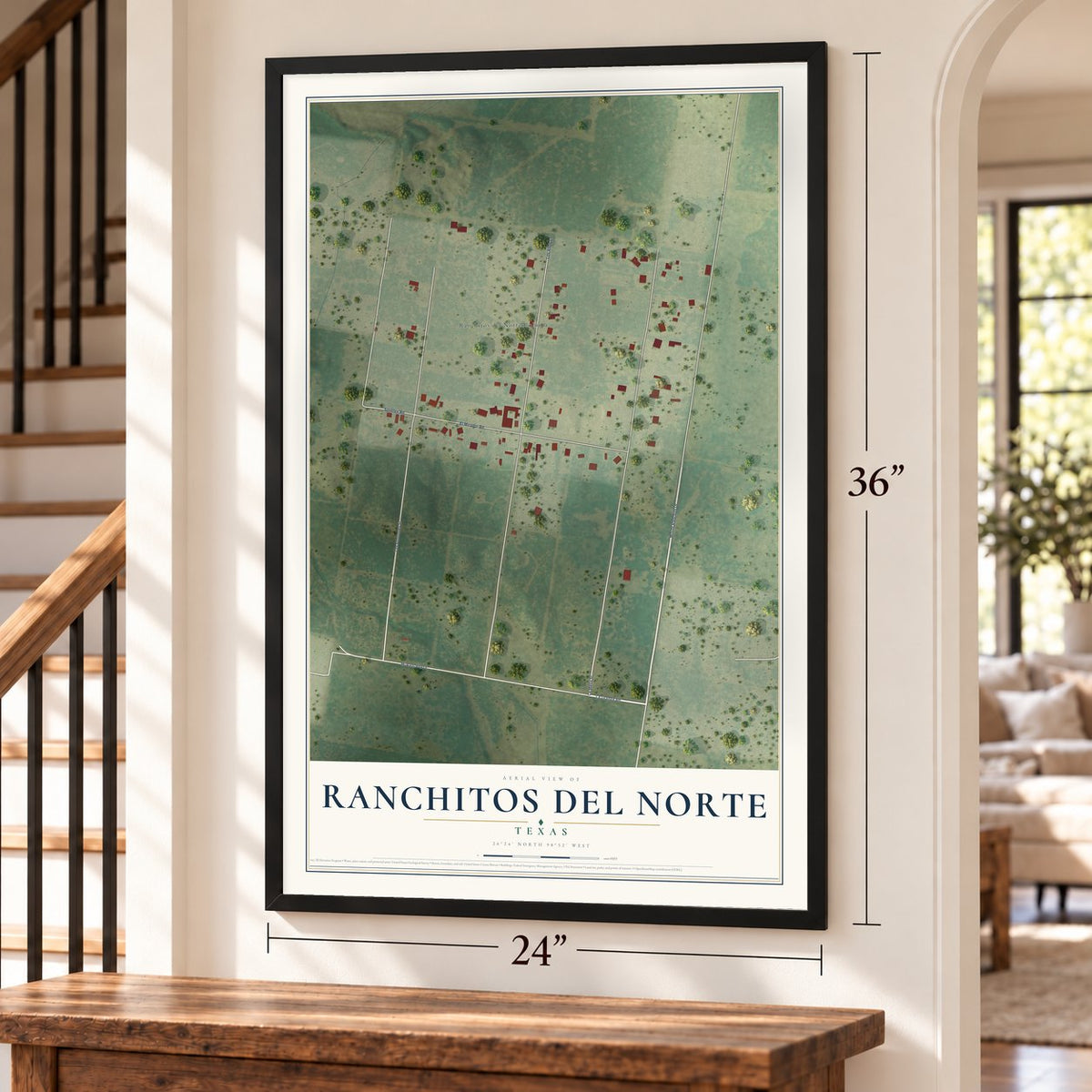 Ranchitos del Norte, Texas map, 24 x 36 inch print in a black frame by a staircase
