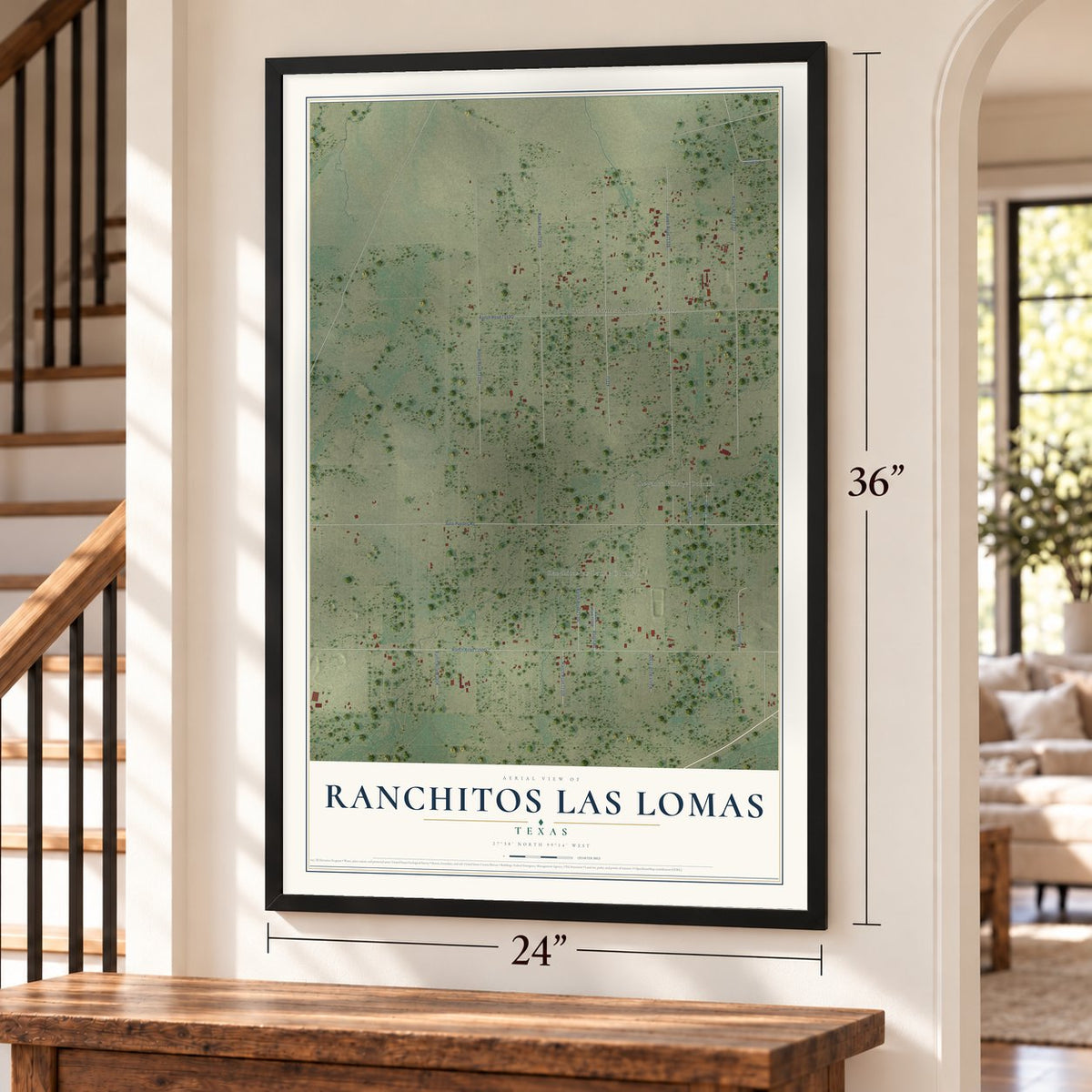 Ranchitos Las Lomas, Texas map, 24 x 36 inch print in a black frame by a staircase