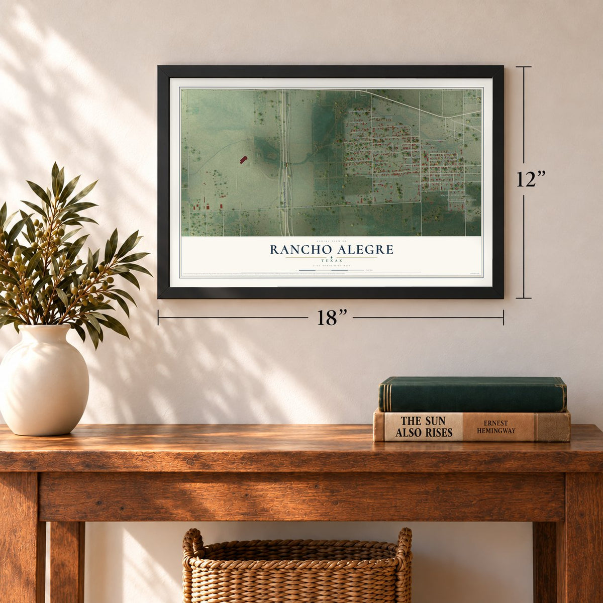 Rancho Alegre, Texas map, 12 x 18 inch print in a black frame in an entryway