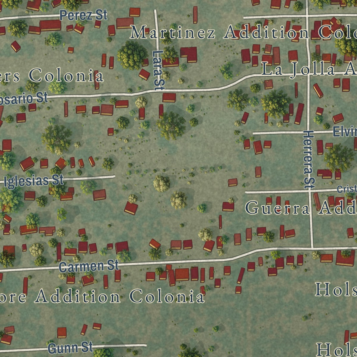 Close-up of the map of Rancho Alegre, Texas print showing street and building detail