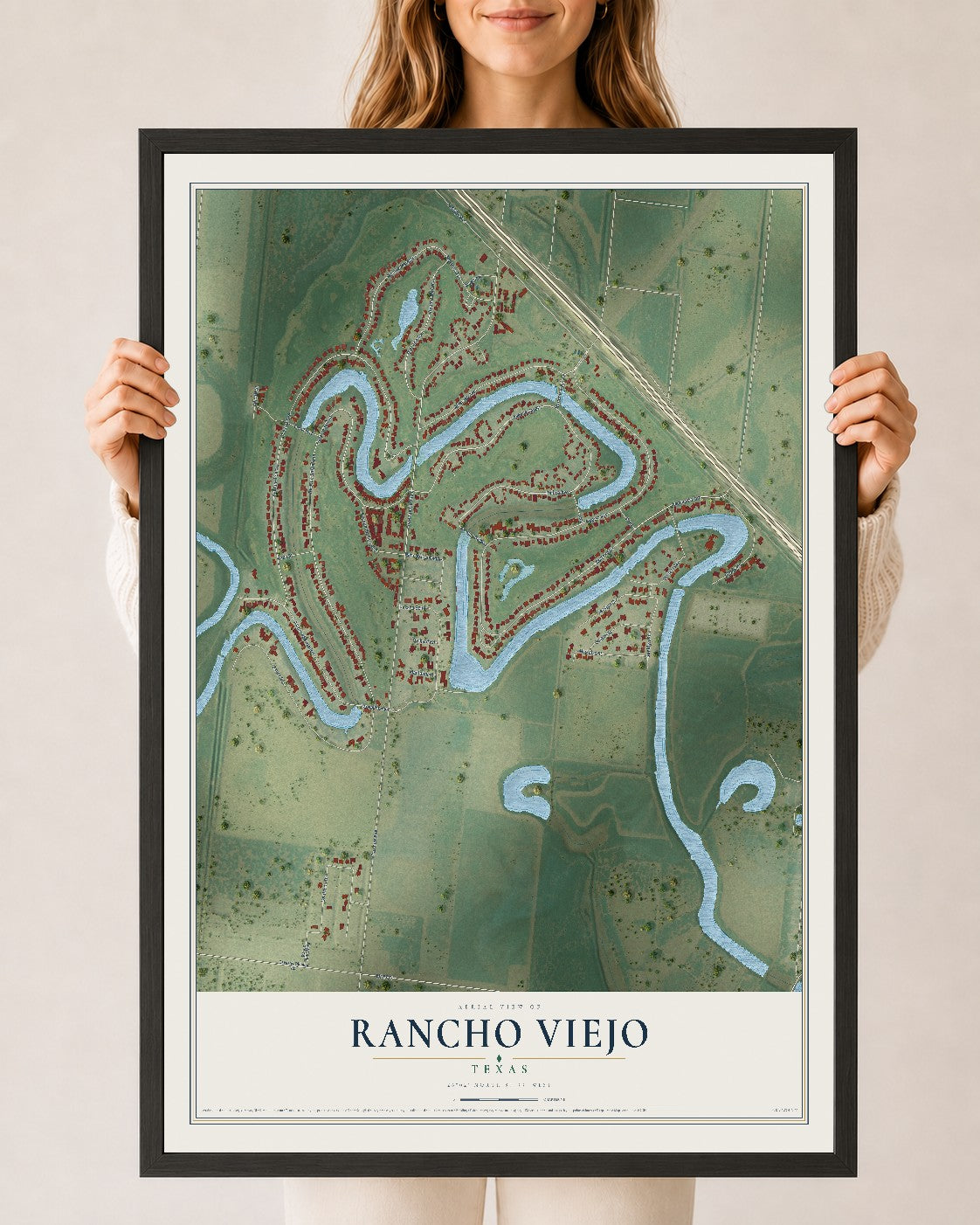 Map of Rancho Viejo, Texas, 24 x 36 inch print in a black wood frame
