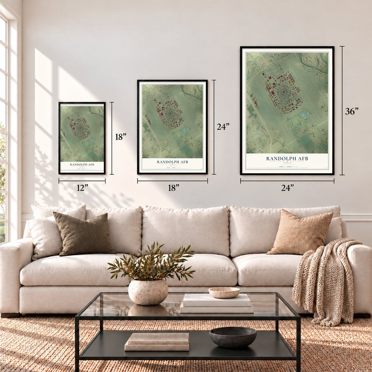 Randolph AFB, Texas map in 12 x 18, 18 x 24 and 24 x 36 inch sizes above a sofa