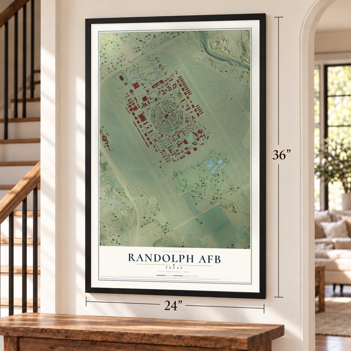 Randolph AFB, Texas map, 24 x 36 inch print in a black frame by a staircase