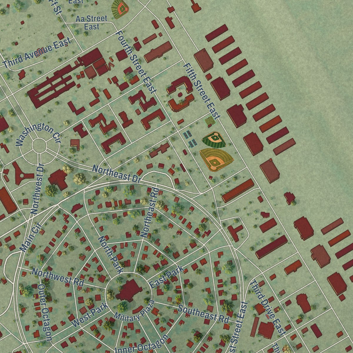 Close-up of the map of Randolph AFB, Texas print showing street and building detail