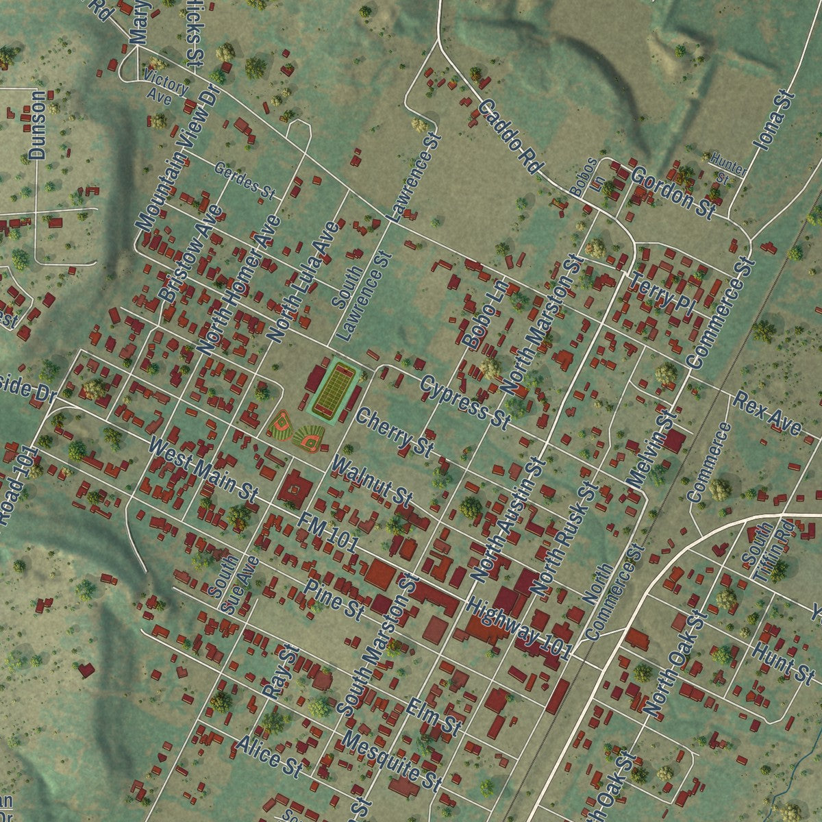 Close-up of the map of Ranger, Texas print showing street and building detail