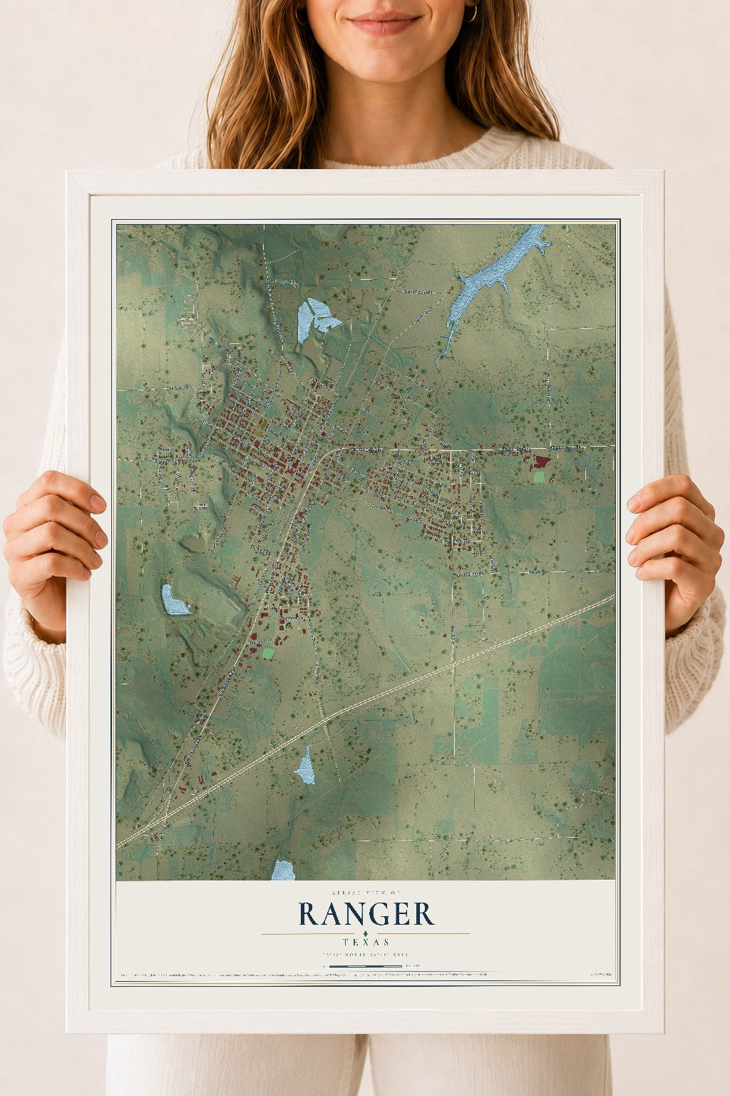 Map of Ranger, Texas, 18 x 24 inch print in a white wood frame