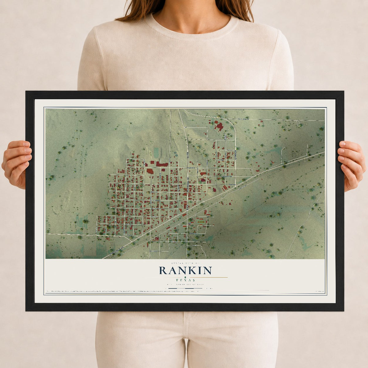 Map of Rankin, Texas, 12 x 18 inch print in a black wood frame