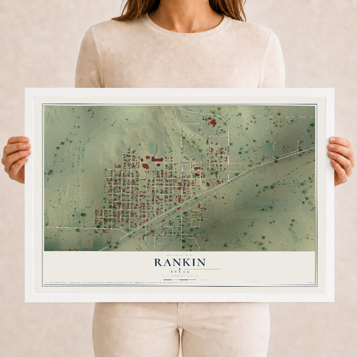 Map of Rankin, Texas, 12 x 18 inch print in a white wood frame