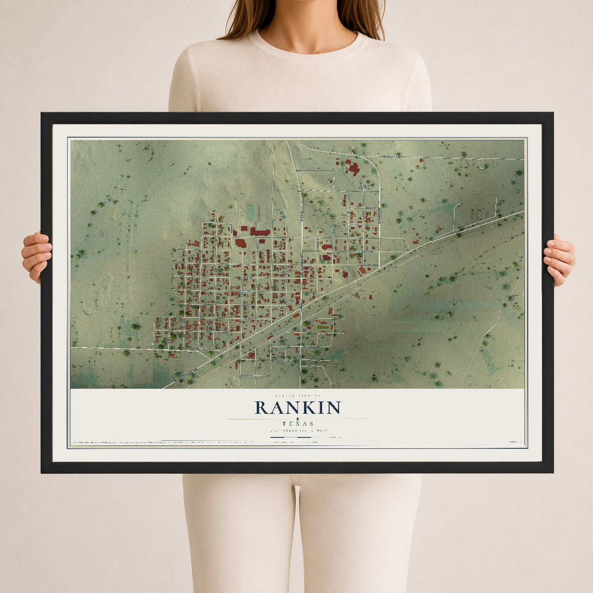 Map of Rankin, Texas, 24 x 36 inch print in a black wood frame