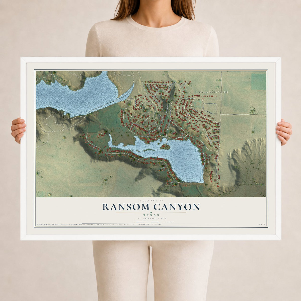 Map of Ransom Canyon, Texas, 24 x 36 inch print in a white wood frame
