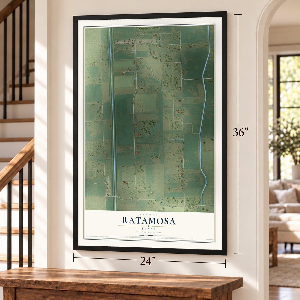 Ratamosa, Texas map, 24 x 36 inch print in a black frame by a staircase