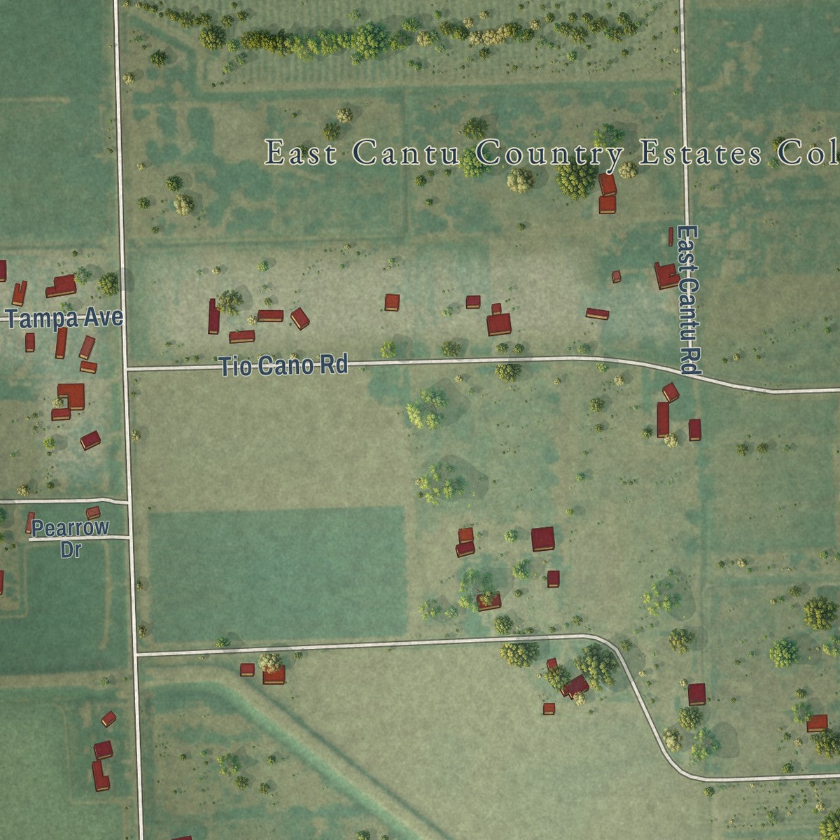 Close-up of the map of Ratamosa, Texas print showing street and building detail