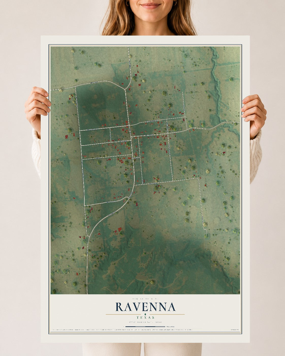 Map of Ravenna, Texas, 24 x 36 inch unframed archival matte print
