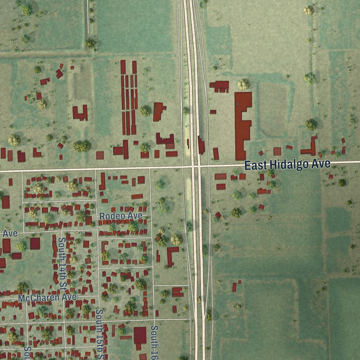 Second close-up of the map of Raymondville, Texas print showing more streets and buildings