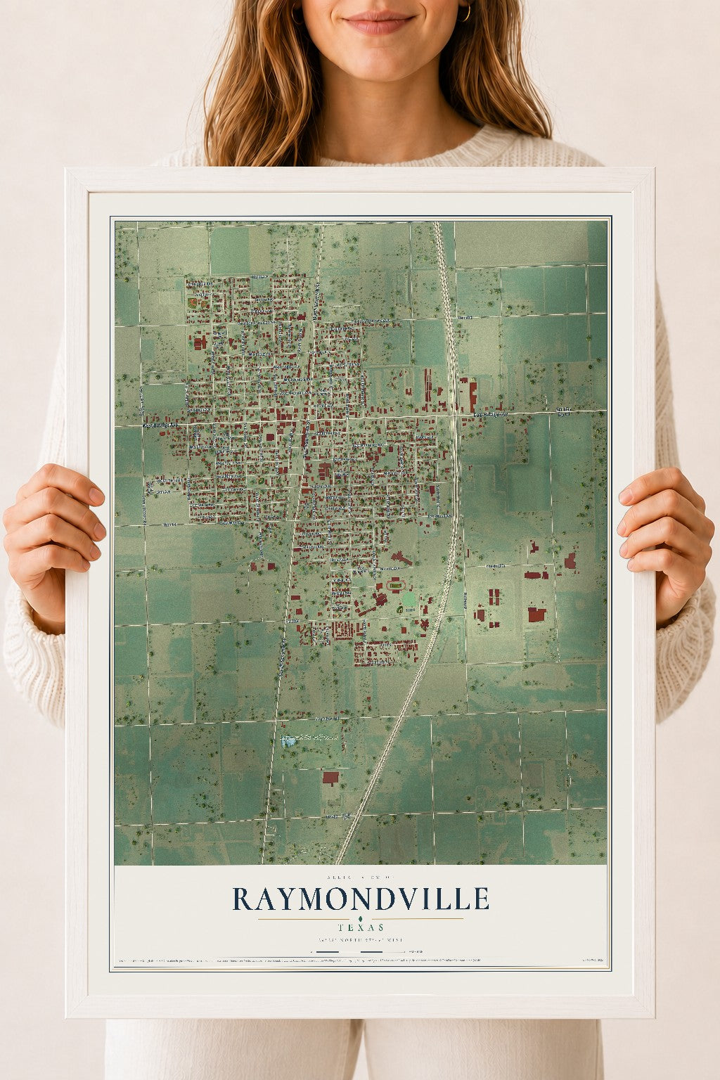 Map of Raymondville, Texas, 18 x 24 inch print in a white wood frame
