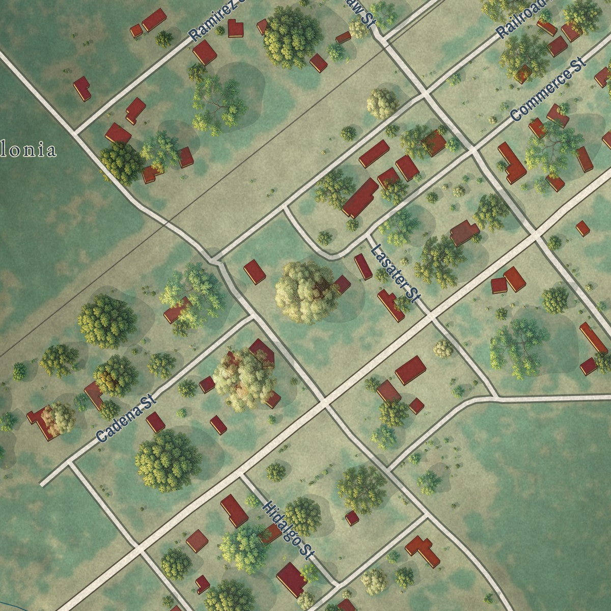Close-up of the map of Realitos, Texas print showing street and building detail