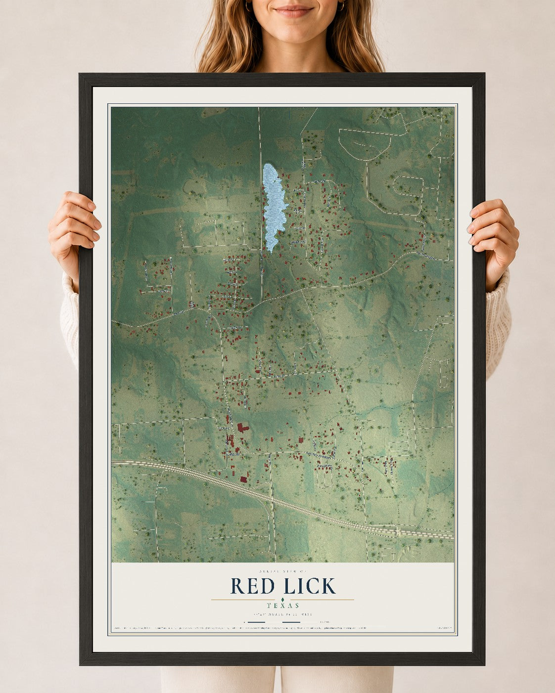 Map of Red Lick, Texas, 24 x 36 inch print in a black wood frame