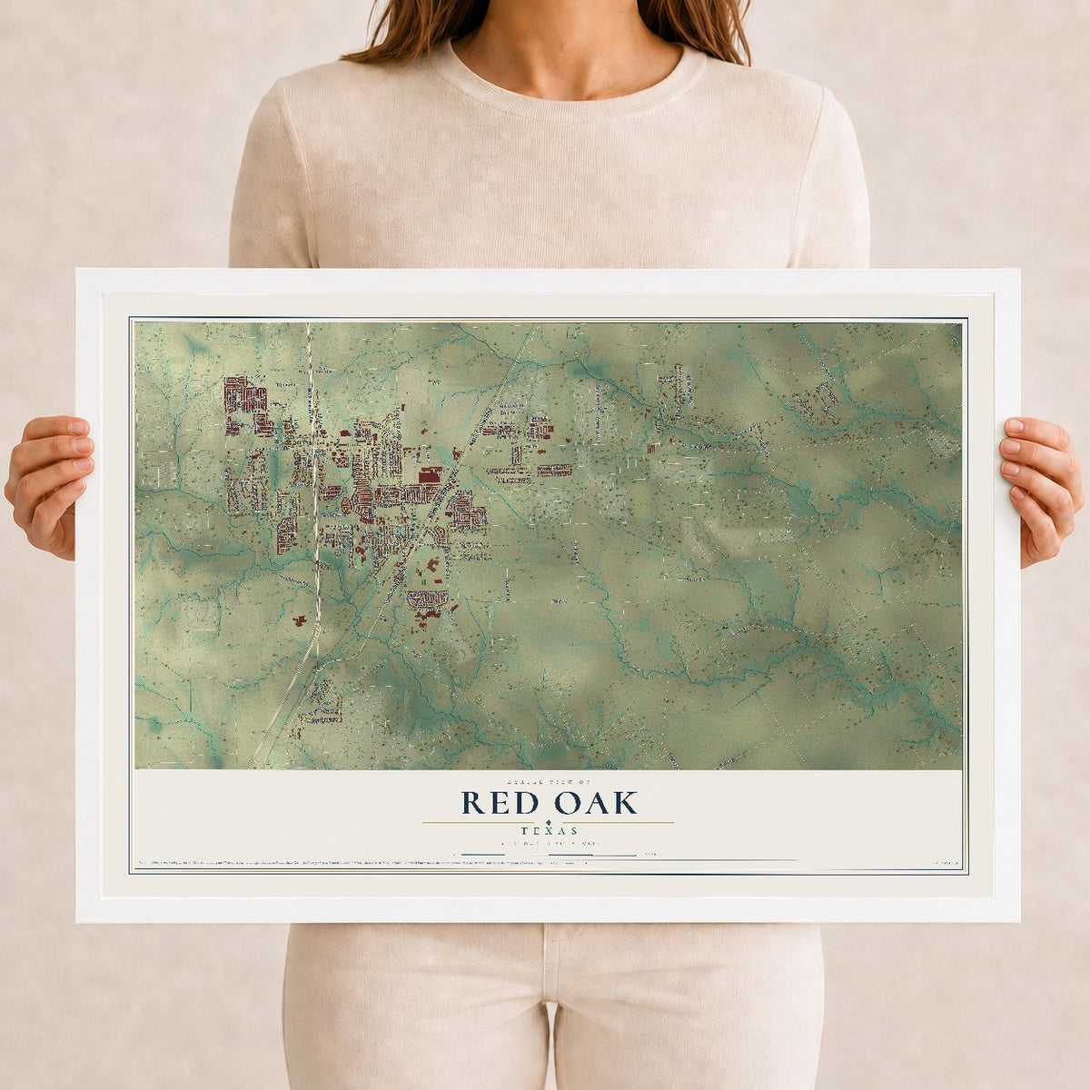 Map of Red Oak, Texas, 12 x 18 inch print in a white wood frame