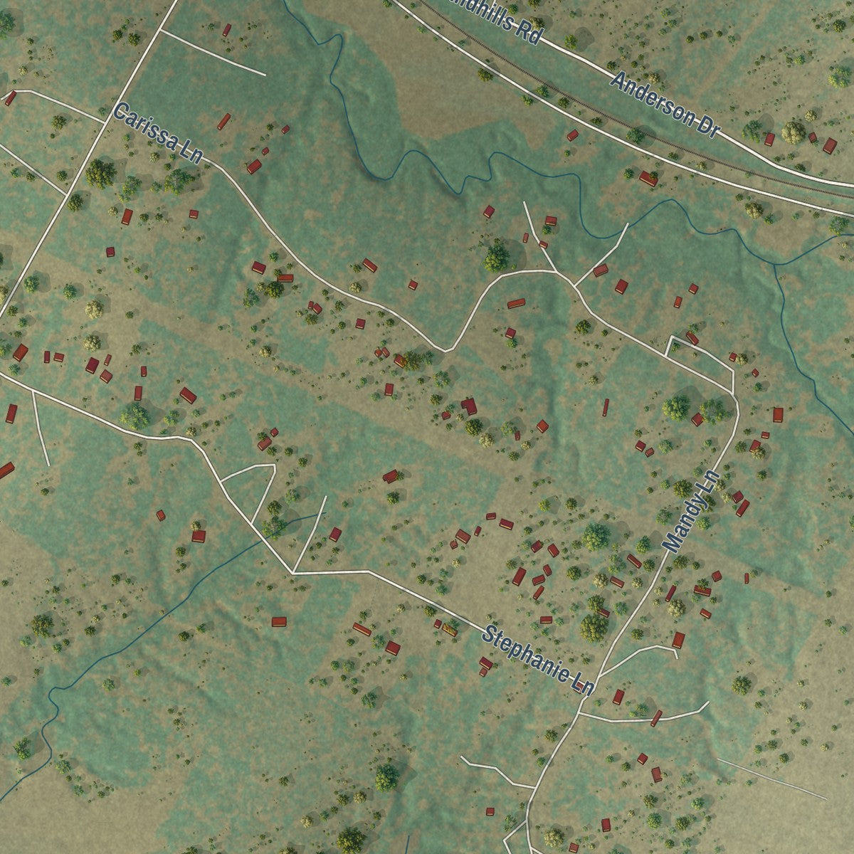 Close-up of the map of Red Rock, Texas print showing street and building detail
