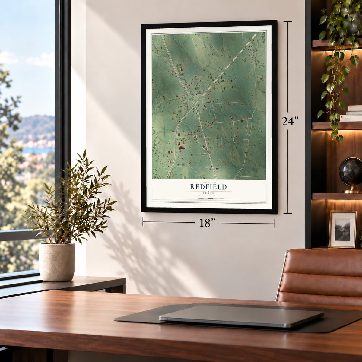Redfield, Texas map, 18 x 24 inch print in a black frame in a home office