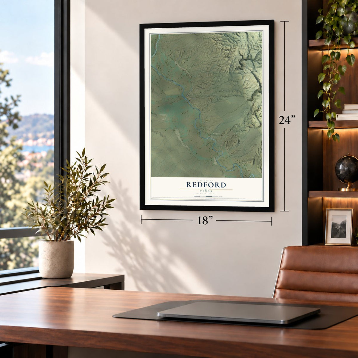 Redford, Texas map, 18 x 24 inch print in a black frame in a home office